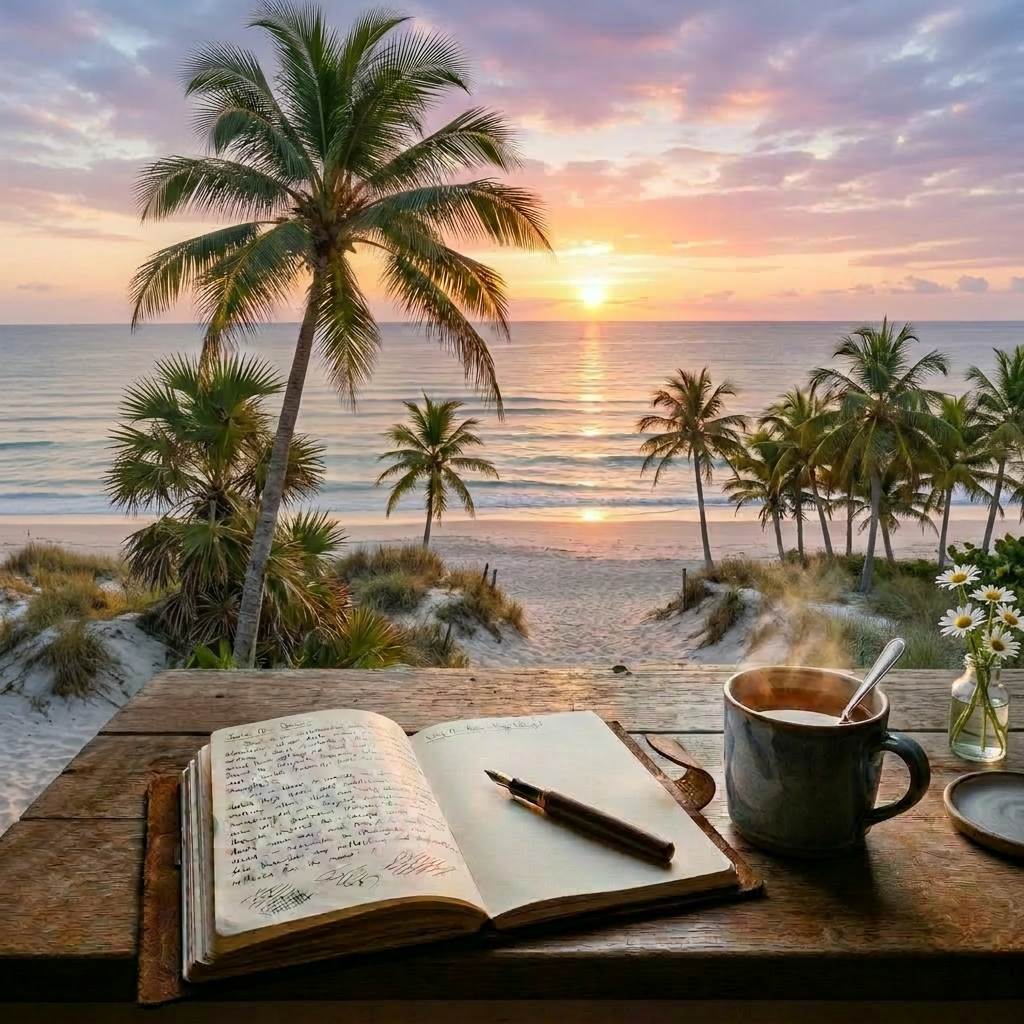 Open journal with handwritten notes and pen beside steaming coffee cup on wooden windowsill overlooking sunrise over countryside.
