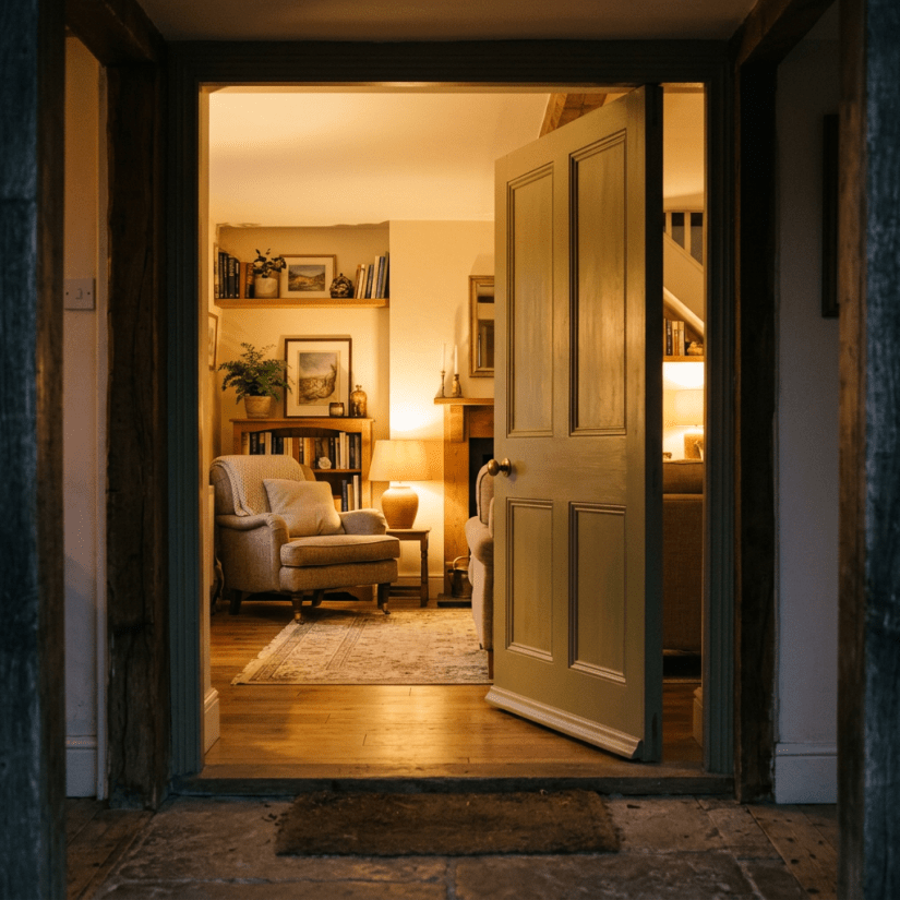 Open door leading to a cozy living room with an armchair, bookshelf, lamp, and fireplace